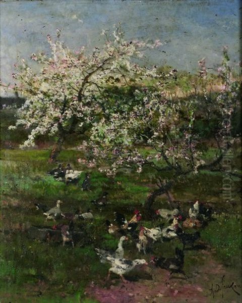 Printemps, Poules, Coqs Et Canards Sous Le Pommier En Fleurs Oil Painting by Alexandre Defaux