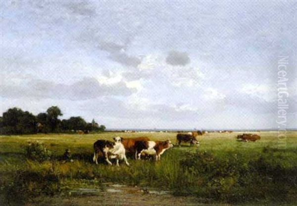 Le Troupeau De Vaches En Normandie Oil Painting by Alexandre Defaux