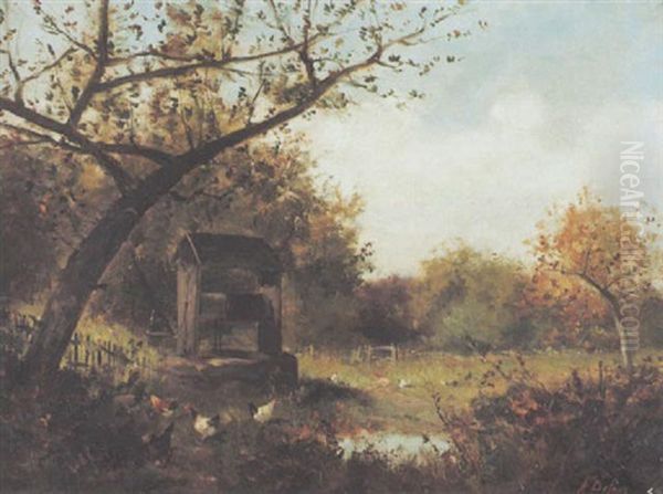 Gartenlandschaft Mit Ziehbrunnen Und Baumen Oil Painting by Alexandre Defaux