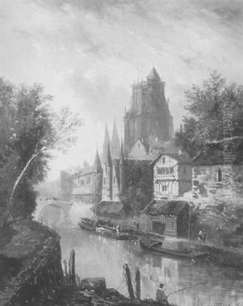 Village Church Overlooking The River Oil Painting by Alexandre Defaux