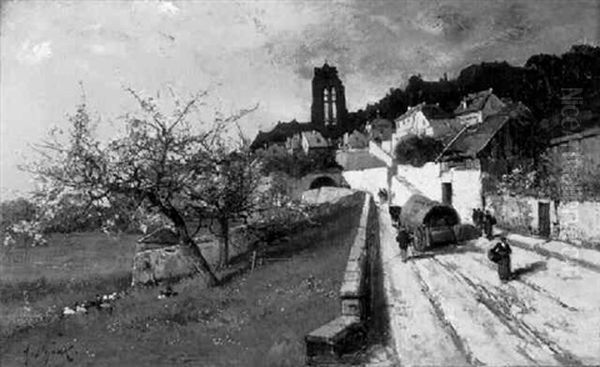 French Village With Figures And A Cart On A Path Oil Painting by Alexandre Defaux