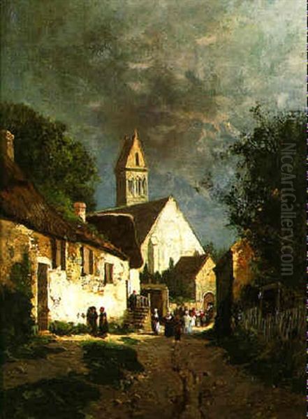 Sortie D'eglise Dans Un Village Breton Oil Painting by Alexandre Defaux