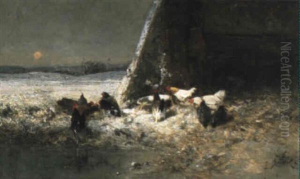 Chickens In The Snow Oil Painting by Alexandre Defaux