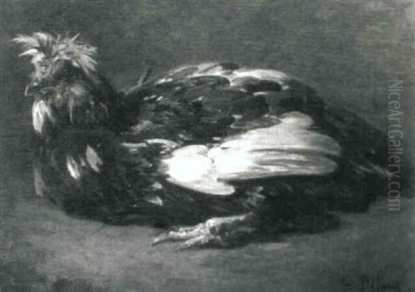 A Black And White Cock Oil Painting by Alexandre Defaux