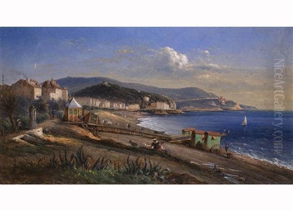 Uferlandschaft Mit Am Strand Stehenden Badekarren In Der Bucht Von Nizza Oil Painting by Jean-Joseph-Jules Defer