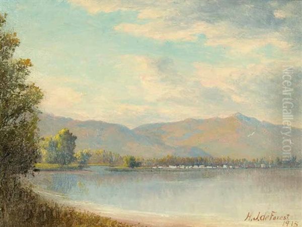 Untitled - B.c. Lake With Town In The Distance Oil Painting by Henry J. Deforest