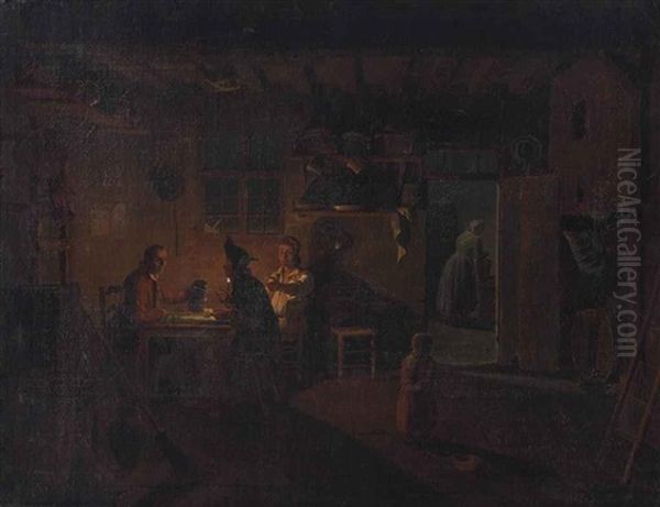 Men Playing Cards And Drinking In A Candlelit Tavern Oil Painting by Leonard Defrance