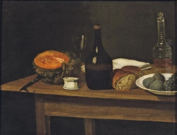 Two Bottles, An Empty Wine Glass, A Knife, A Slice Of Pumpkin, A White Napkin With Figs by Leonard Defrance