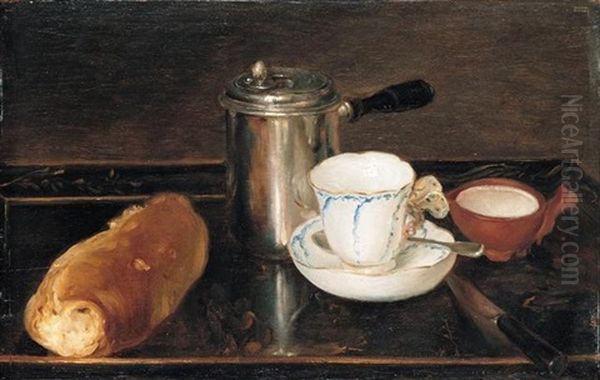 A Still Life Of A Silver Cafetiere With A Vincennes Porcelain Cup And Saucer, A Little Jug Of Milk, A Bread Roll And A Knife On A Tray Oil Painting by Leonard Defrance