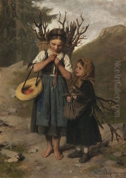 Die Kleinen Reisigsammlerinnen Oil Painting by Franz Von Defregger