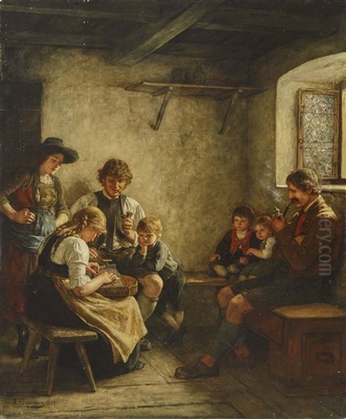 Girl Playing Zither Music Oil Painting by Franz Von Defregger