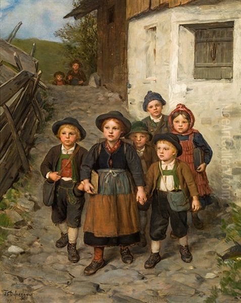 On The Way To School Oil Painting by Franz Von Defregger