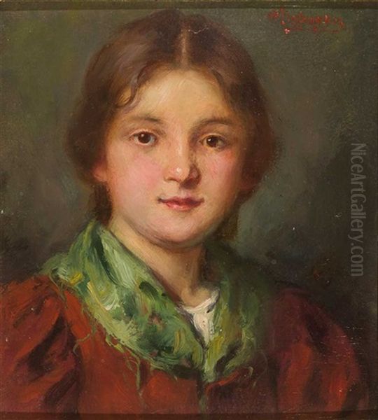 Portrait Eines Dirndls Mit Grunem Halstuch Oil Painting by Franz Von Defregger