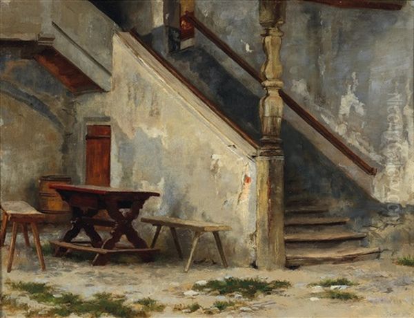 House Entrance With Stairs Oil Painting by Franz Von Defregger