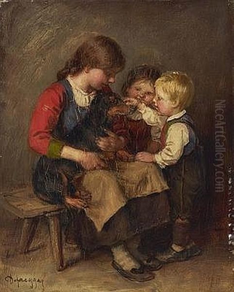 Kinder Mit Dackel Oil Painting by Franz Von Defregger