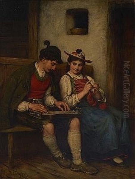 Zitherspieler Mit Madchen Auf Der Bank by Franz Von Defregger