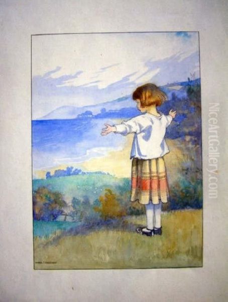 Unframed Watercolour Girl On A Hilltop Signed 9.75 X 7in Oil Painting by Honor Charlotte Appleton