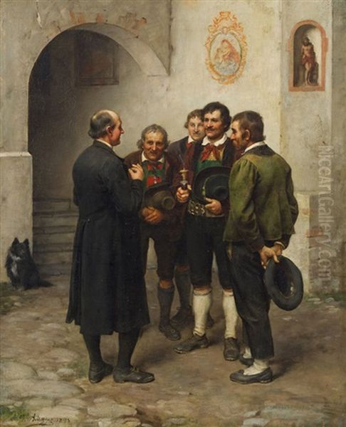 Vier Bauern Im Gesprach Mit Dem Pfarrer Oil Painting by Franz Von Defregger