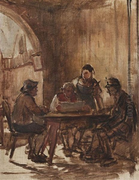 Vier Personen Um Einen Tisch (skizze) Oil Painting by Franz Von Defregger