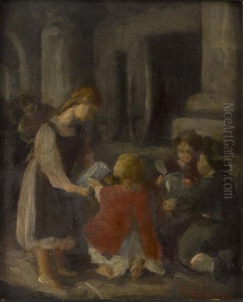 Spielende Kinder Vor Dem Eingang Zu Einem Grosen Gebaude Oil Painting by Franz Von Defregger