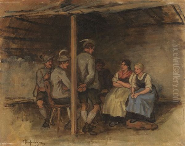 Olstudie Mit Vier Burschen Und Zwei Dirndln In Der Stube Oil Painting by Franz Von Defregger