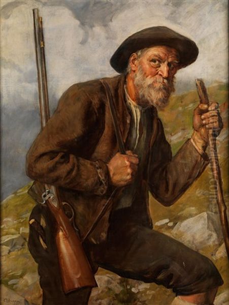 Alter Jager Mit Flinthe Im Hochgebirge Oil Painting by Franz Von Defregger