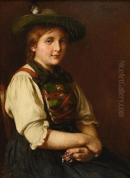 Portrait Eines Sitzenden Dirndls Mit Blumenstrauschen Oil Painting by Franz Von Defregger