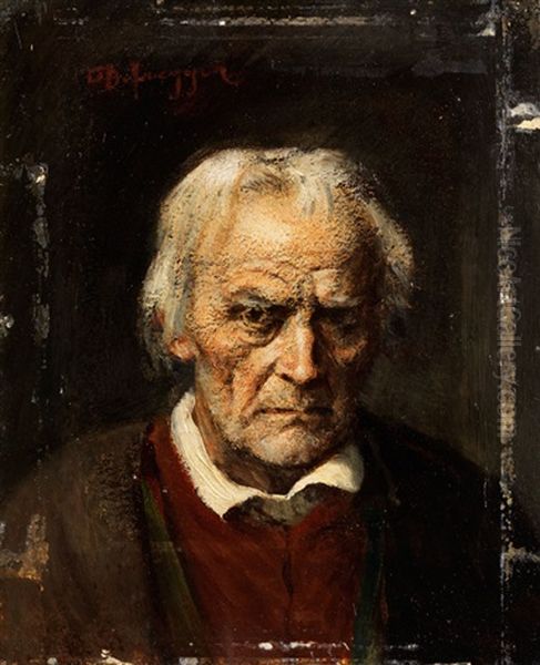 Portrait Eines Weishaarigen, Alten Bauern Mit Brauner Jacke, Dunkelroter Weste Und Weisem Halskragen Vor Dunklem Hintergrund Oil Painting by Franz Von Defregger