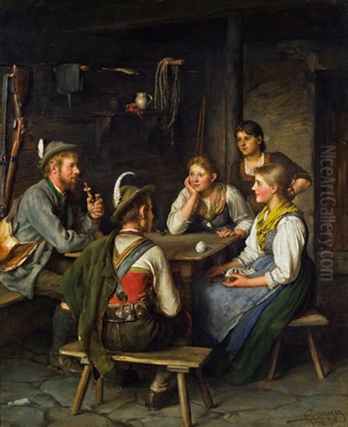 Unterhaltung Am Tisch Mit Jager Oil Painting by Franz Von Defregger