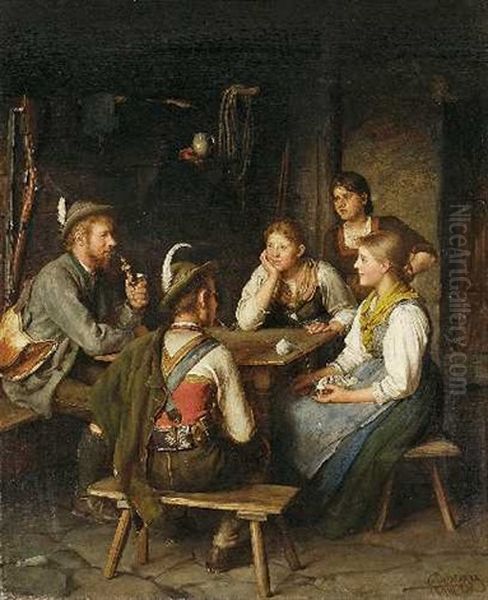 Die Unterhaltung: Drei Dirndl Und Zwei Jager In Der Stube Oil Painting by Franz Von Defregger