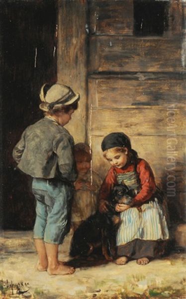 Kinder Mit Hund Spielend Oil Painting by Franz Von Defregger