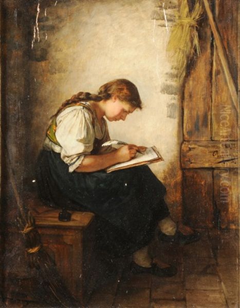 Schreibendes Madchen Oil Painting by Franz Von Defregger