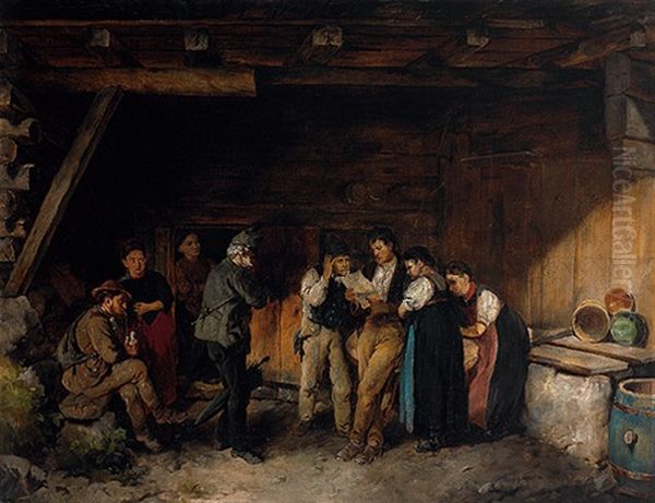 Der Stellungsbefehl. Im Inneren Eines Alten Gehoftes Uberreicht Ein Alter Feldwebel Dem Jungbauern Den Stellungsbefehl Oil Painting by Franz Von Defregger