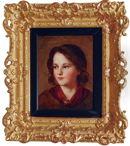 A Girl With A Red Scarf Oil Painting by Franz Von Defregger