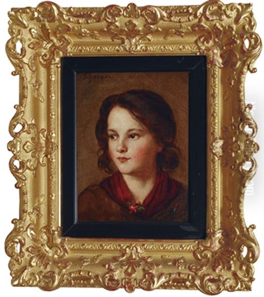 A Girl With A Red Scarf Oil Painting by Franz Von Defregger