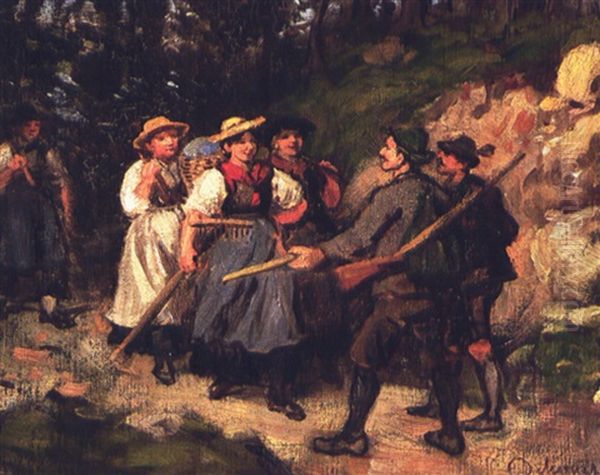 Begegnung Auf Dem Waldweg Oil Painting by Franz Von Defregger