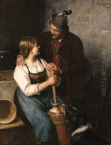 Dirndl Und Jager In Der Almhutte Oil Painting by Franz Von Defregger