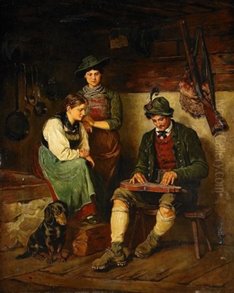 Interior Med Musicerande Tyrolare Oil Painting by Franz Von Defregger