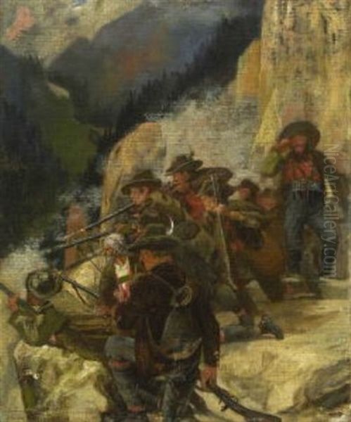 Tiroler Freiheitskampfer Zielen Von Einem Felsplateau Auf Den Gegner Im Tal Oil Painting by Franz Von Defregger