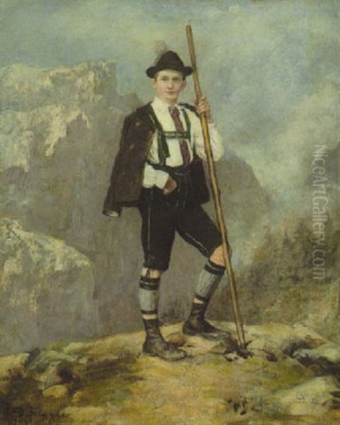 Junger Tiroler In Tracht Und Mit Stock In Hochgebirgslandschaft Oil Painting by Franz Von Defregger