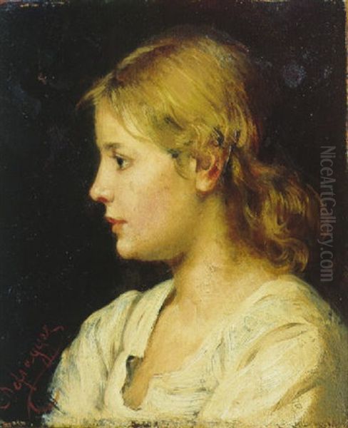 Madchen In Weisser Bluse Nach Links Oil Painting by Franz Von Defregger