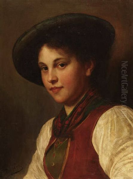 Dirndl Mit Roter Weste, Blauem Hut Und Schultertuch Oil Painting by Franz Von Defregger