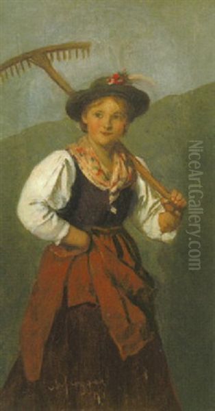 Dirndl Mit Geschultertem Rechen Oil Painting by Franz Von Defregger