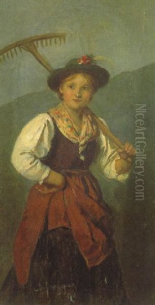 Dirndl Mit Rechen Oil Painting by Franz Von Defregger