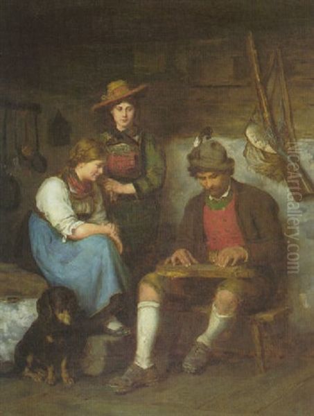 Der Zitherspieler Auf Der Alm, Dem Zwei Madchen Zuhoren Oil Painting by Franz Von Defregger