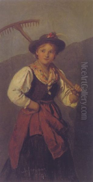 Dirndl Mit Rechen Oil Painting by Franz Von Defregger