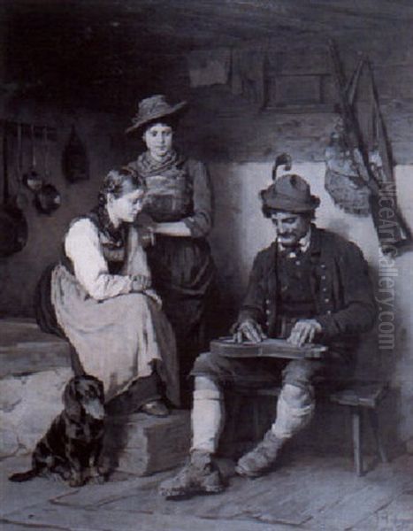 Der Zitherspieler Auf Der Alm Mit Zwei Madchen Oil Painting by Franz Von Defregger