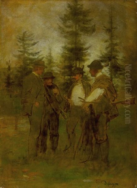 Vier Jager Auf Der Waldlichtung Im Gesprach Oil Painting by Franz Von Defregger