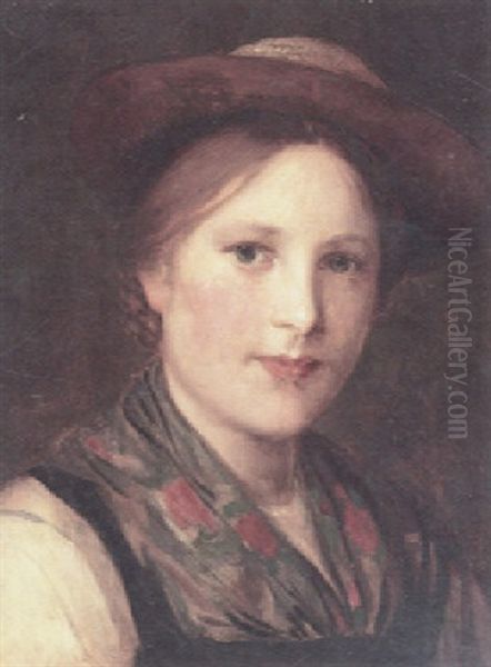 A Portrait Of A Young Girl With A Floral Scarf Oil Painting by Franz Von Defregger