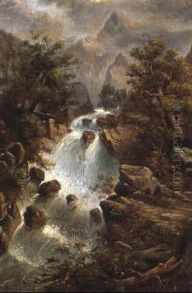 Wasserfall In Den Alpen Oil Painting by Franz Von Defregger